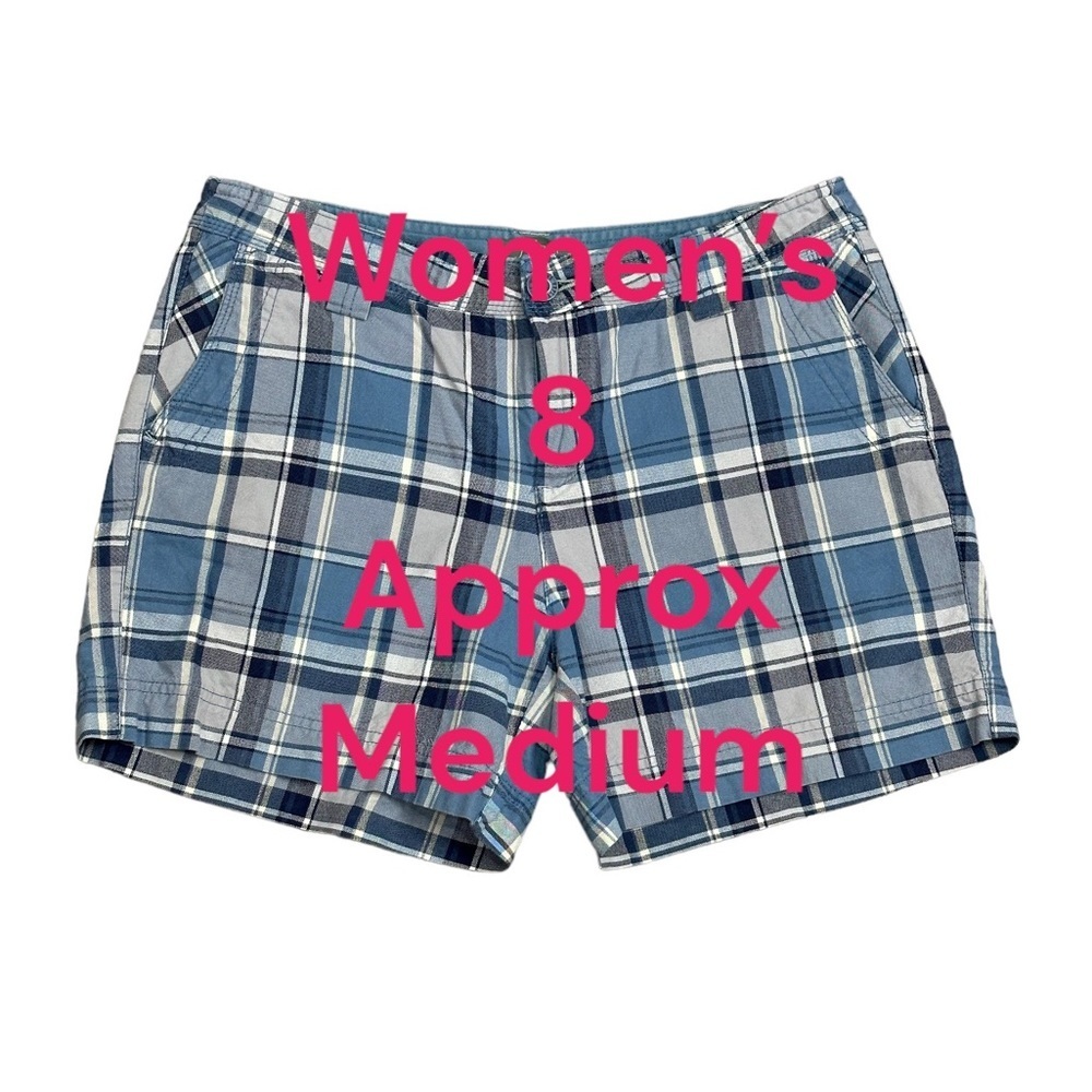 Women’s Natural Relflections 8 Medium Shorts Plaid Blue Chino Khakis 4 Pockets - Picture 2 of 8